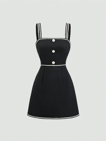 Women's Summer Patchwork Ribbon Button Decor Elegant Spaghetti Strap Dress
