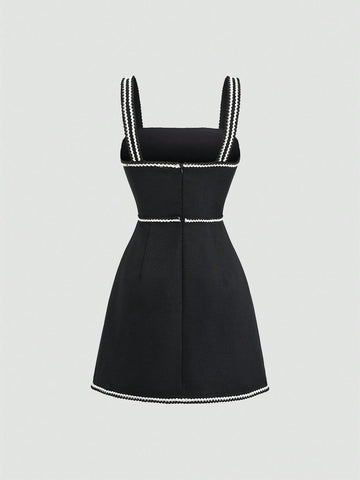 Women's Summer Patchwork Ribbon Button Decor Elegant Spaghetti Strap Dress
