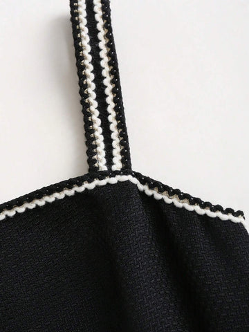 Women's Summer Patchwork Ribbon Button Decor Elegant Spaghetti Strap Dress