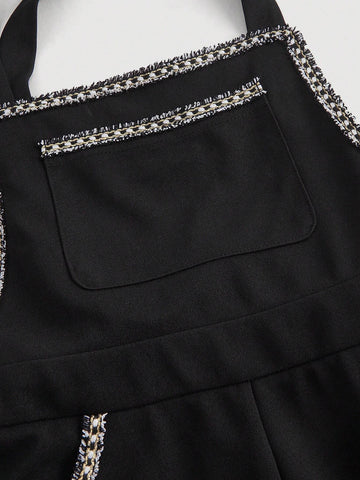 Women's Summer Patchwork Webbing Front Pocket Jumpsuit, College Style, Suitable For Dates, Parties, Commuting