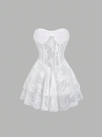 Women's Summer Sexy Solid Color See-Through Lace Ruffle Hem Tube Mini Dress