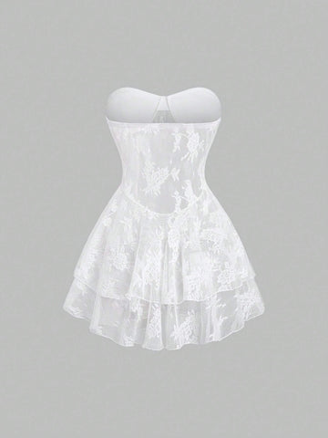 Women's Summer Sexy Solid Color See-Through Lace Ruffle Hem Tube Mini Dress