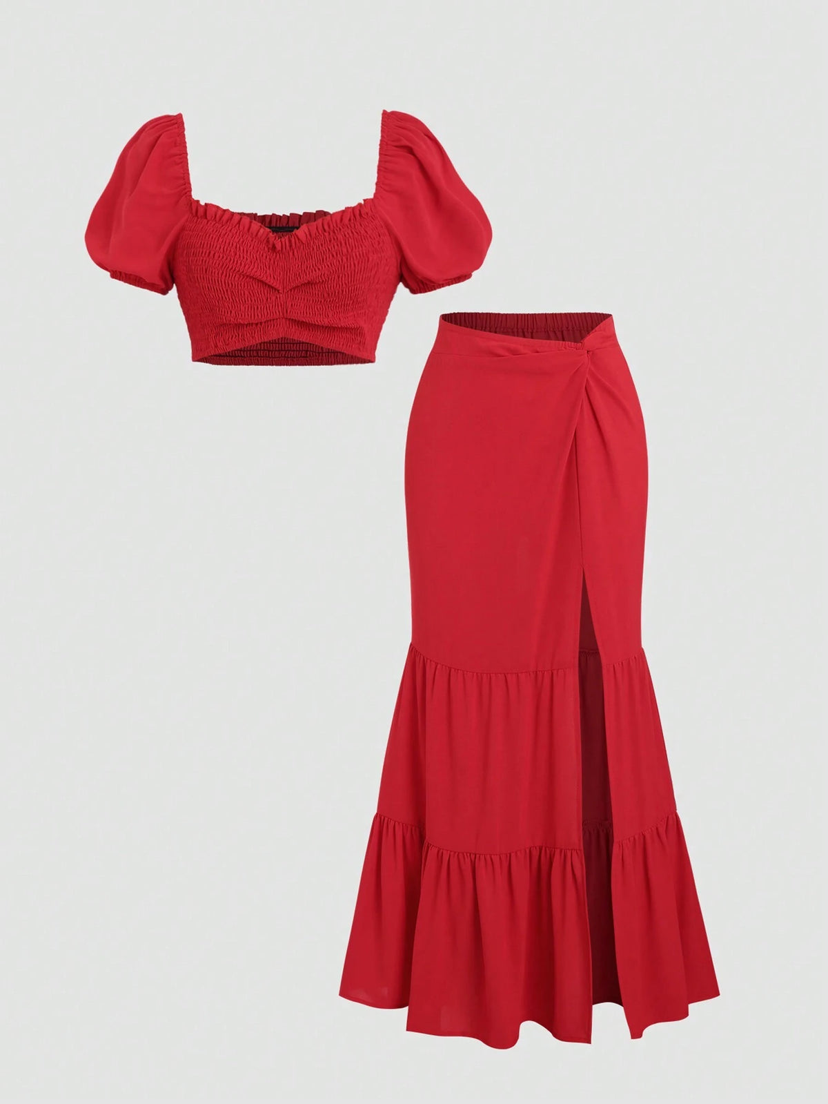 Women's Summer Solid Color Holiday Style Short Puff Sleeve Crop Top And Mermaid Skirt 2pcs/Set
