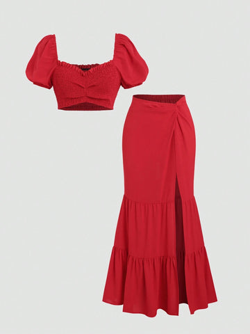 Women's Summer Solid Color Holiday Style Short Puff Sleeve Crop Top And Mermaid Skirt 2pcs/Set