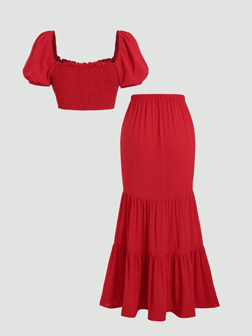 Women's Summer Solid Color Holiday Style Short Puff Sleeve Crop Top And Mermaid Skirt 2pcs/Set