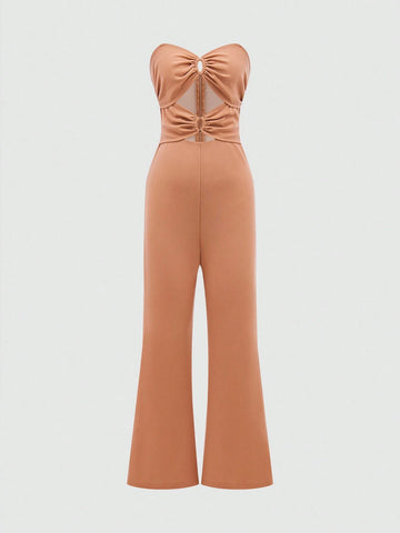 Women's Summer Solid Color Hollow-Out Ruched Strapless Jumpsuit
