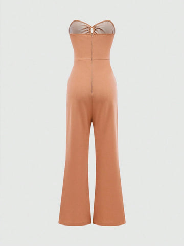 Women's Summer Solid Color Hollow-Out Ruched Strapless Jumpsuit