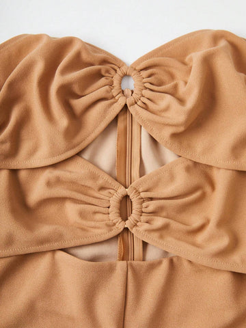 Women's Summer Solid Color Hollow-Out Ruched Strapless Jumpsuit