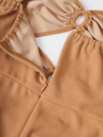 Women's Summer Solid Color Hollow-Out Ruched Strapless Jumpsuit