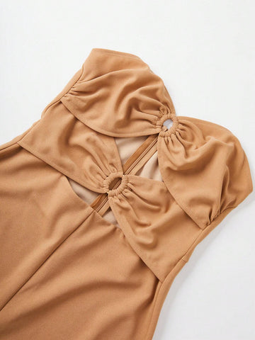 Women's Summer Solid Color Hollow-Out Ruched Strapless Jumpsuit