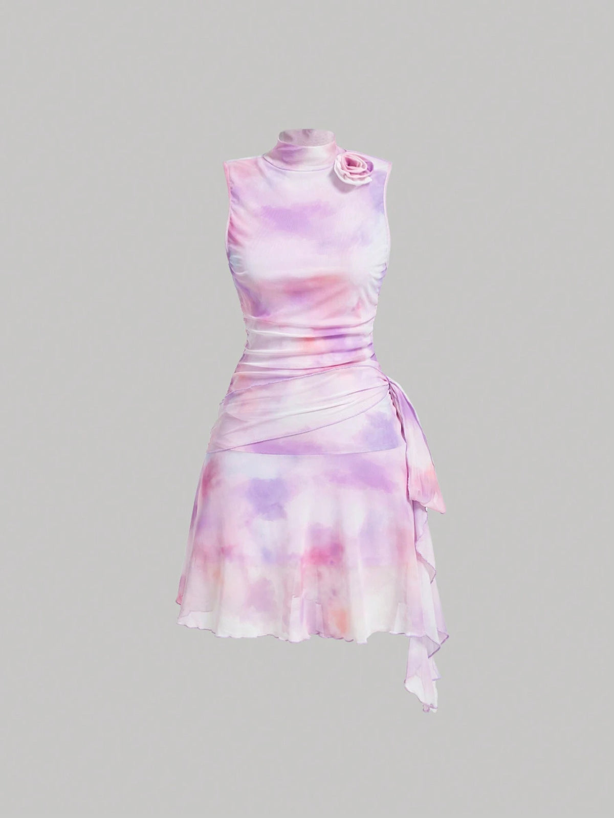 Women's Summer Tie-Dye Printed Sleeveless Dress With Stand Collar, 3D Flower Decoration
