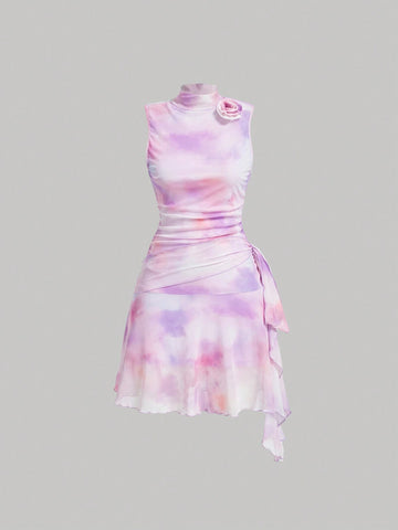 Women's Summer Tie-Dye Printed Sleeveless Dress With Stand Collar, 3D Flower Decoration