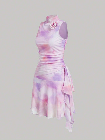 Women's Summer Tie-Dye Printed Sleeveless Dress With Stand Collar, 3D Flower Decoration