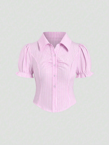 MOD Women's Sweet & Spicy Striped Turn-Down Collar Short Sleeve Cropped Chic Blouse With Cinched Waist