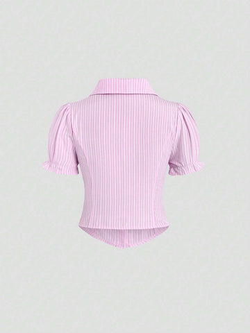 MOD Women's Sweet & Spicy Striped Turn-Down Collar Short Sleeve Cropped Chic Blouse With Cinched Waist