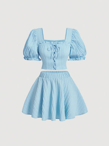 Women's Textured Puff Sleeve Top And Skirt Set