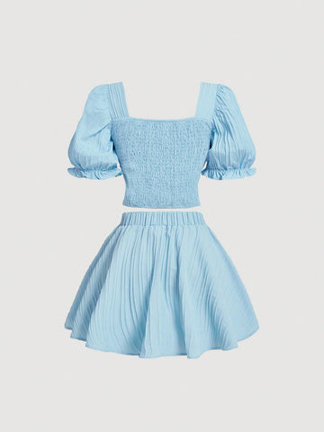 Women's Textured Puff Sleeve Top And Skirt Set