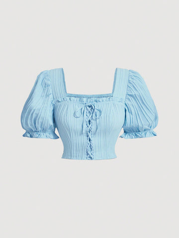 Women's Textured Puff Sleeve Top And Skirt Set