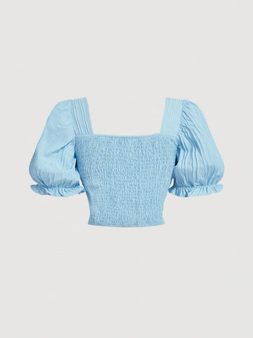 Women's Textured Puff Sleeve Top And Skirt Set