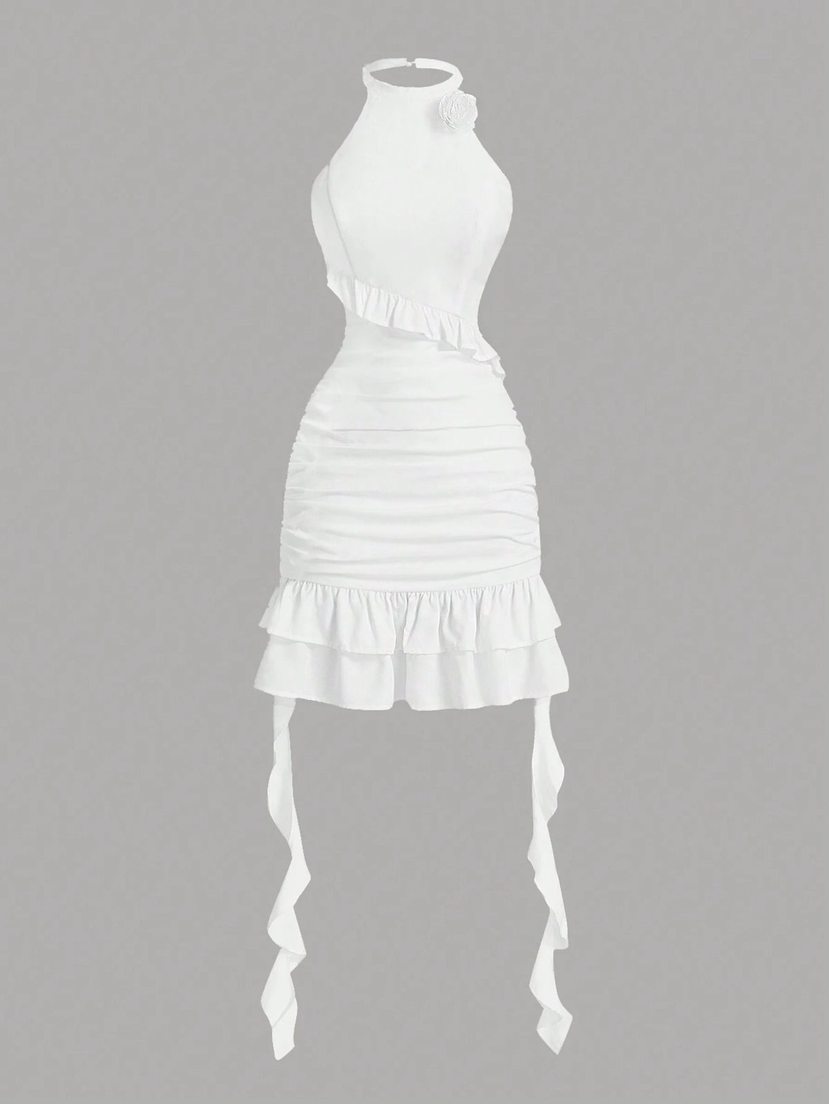 Women's V-Neck Collar Floral Decor 3D Flower Applique Waist-Cinched Ruffle Hem Dress With Belt