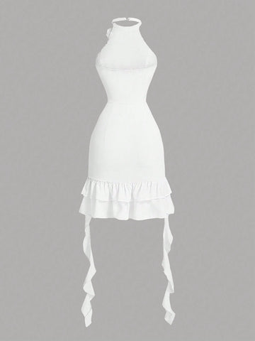 Women's V-Neck Collar Floral Decor 3D Flower Applique Waist-Cinched Ruffle Hem Dress With Belt