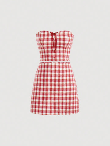 Women's V-neck Long Sleeve Top And Plaid Skirt Set