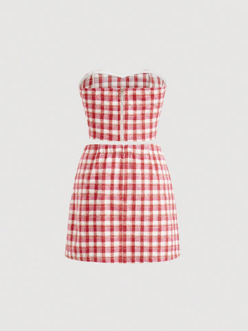 Women's V-neck Long Sleeve Top And Plaid Skirt Set