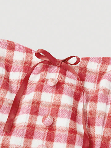 Women's V-neck Long Sleeve Top And Plaid Skirt Set