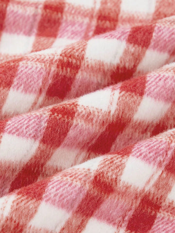 Women's V-neck Long Sleeve Top And Plaid Skirt Set