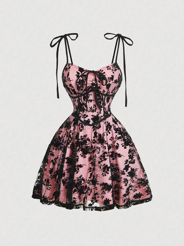 Women's Velvet & Mesh Net Spaghetti Strap Black Dress