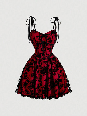 Women's Velvet & Mesh Net Spaghetti Strap Black Dress