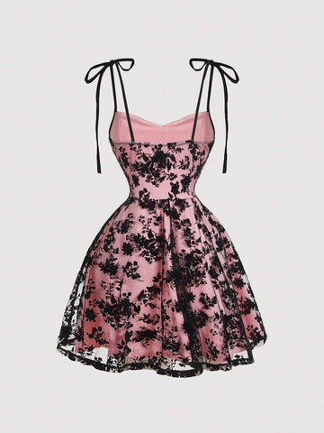 Women's Velvet & Mesh Net Spaghetti Strap Black Dress