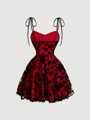 Women's Velvet & Mesh Net Spaghetti Strap Black Dress