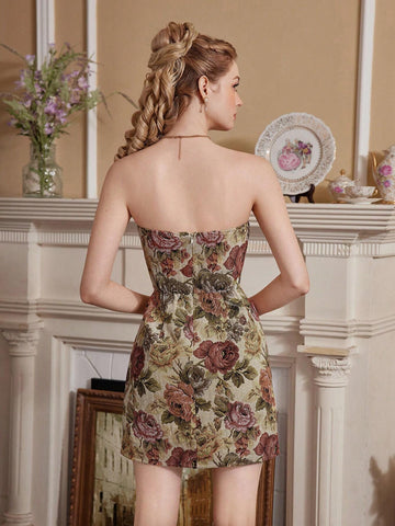 Women's Vintage Elegant Jacquard Fabric Tube Top Dress, Center Front Tie Design Bow Short Dress