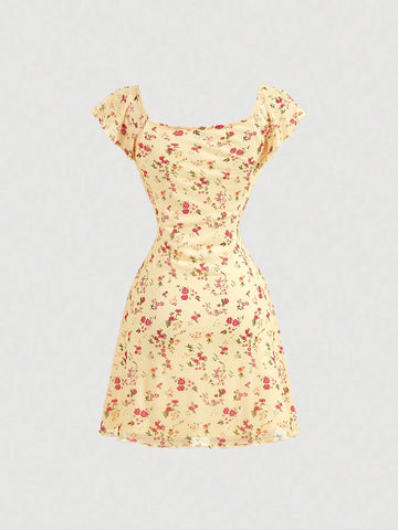 Women's Vintage Floral Print Knotted Chest Ruched Round Neckline Sleeveless Dress For Summer