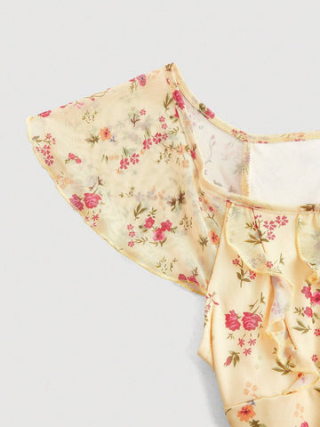 Women's Vintage Floral Print Knotted Chest Ruched Round Neckline Sleeveless Dress For Summer
