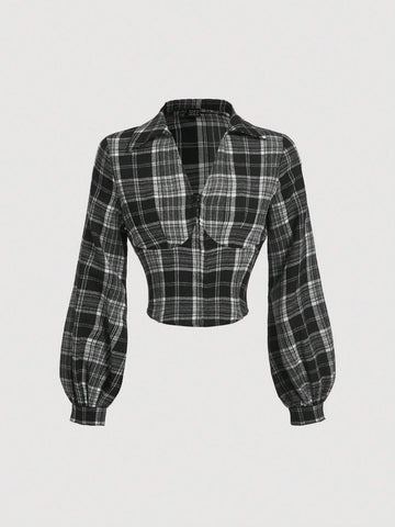 MOD Women's Vintage Plaid Collar Long Sleeve Shirt For Autumn