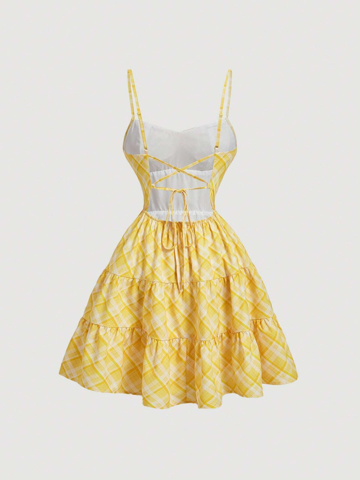 Women's Yellow Grid Pattern Backless Dress, Holiday Dress, Yellow Dress, Check Element,Western