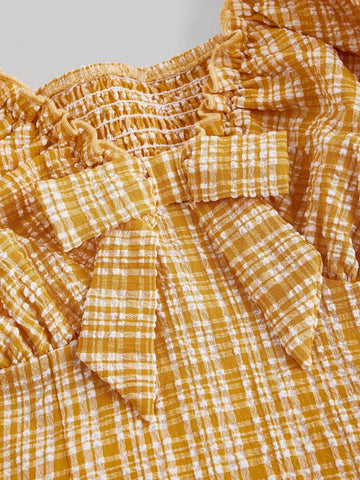 Yellow And White Checkered V-Neck Dress With Bowknot, Perfect For Summer Holiday And Picnic,