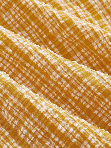 Yellow And White Checkered V-Neck Dress With Bowknot, Perfect For Summer Holiday And Picnic,