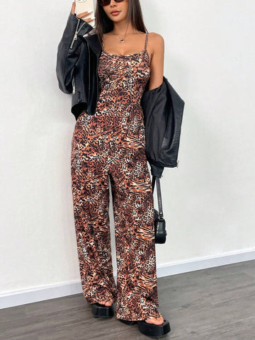 1pc Leopard Print Sleeveless Wide Leg Jumpsuit, Animal Print Sexy Women's Loose Jumpsuit (Random Cut)