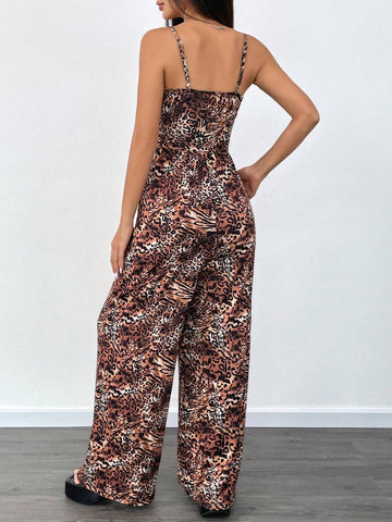 1pc Leopard Print Sleeveless Wide Leg Jumpsuit, Animal Print Sexy Women's Loose Jumpsuit (Random Cut)