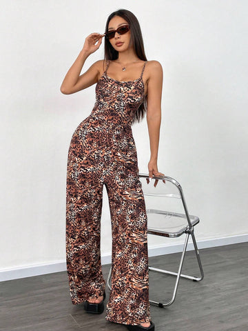 1pc Leopard Print Sleeveless Wide Leg Jumpsuit, Animal Print Sexy Women's Loose Jumpsuit (Random Cut)