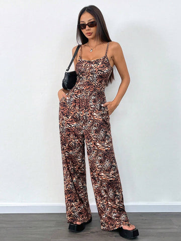 1pc Leopard Print Sleeveless Wide Leg Jumpsuit, Animal Print Sexy Women's Loose Jumpsuit (Random Cut)