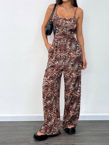 1pc Leopard Print Sleeveless Wide Leg Jumpsuit, Animal Print Sexy Women's Loose Jumpsuit (Random Cut)