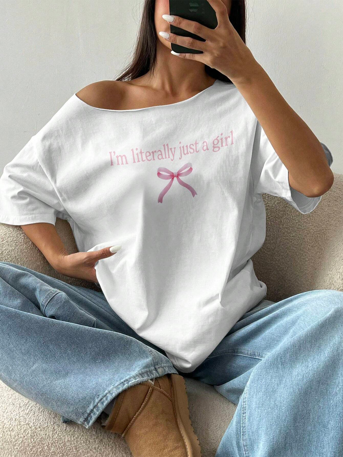 1pc Off-Shoulder Loose Slogan & Butterfly Detail T-Shirt, Oversized Y2K Style, Pink