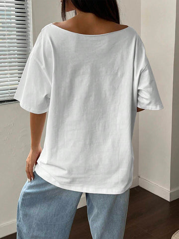 1pc Off-Shoulder Loose Slogan & Butterfly Detail T-Shirt, Oversized Y2K Style, Pink