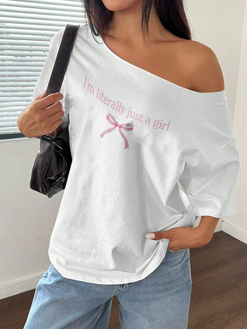 1pc Off-Shoulder Loose Slogan & Butterfly Detail T-Shirt, Oversized Y2K Style, Pink