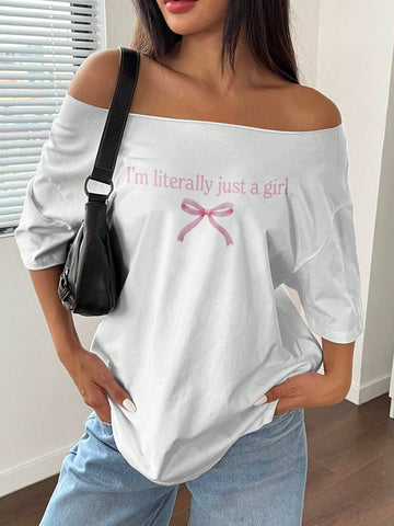 1pc Off-Shoulder Loose Slogan & Butterfly Detail T-Shirt, Oversized Y2K Style, Pink