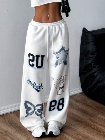 MOOSTA 1pc Personality Print Drawstring Waist Street Casual Sweatpants